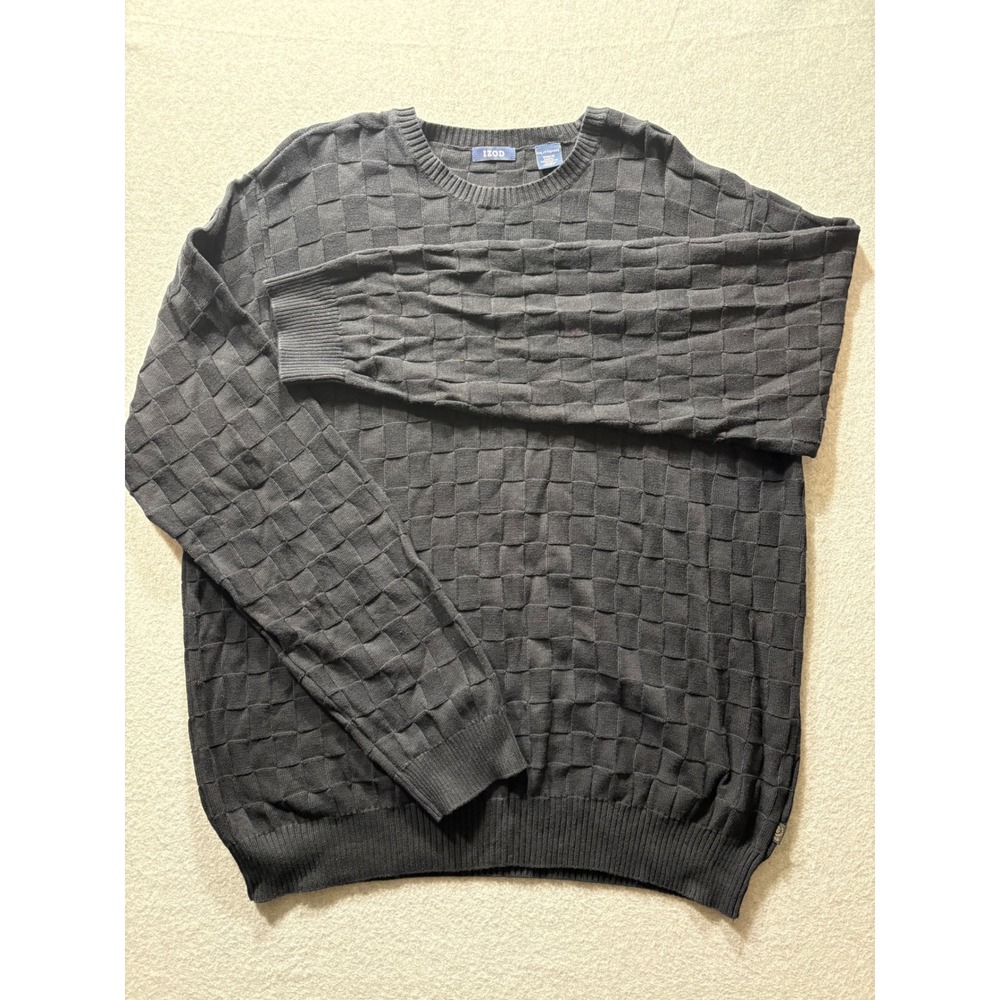 IZOD Mens XXL Black Textured Checkerboard Grid Knit 100% Cotton Crewneck Sweater